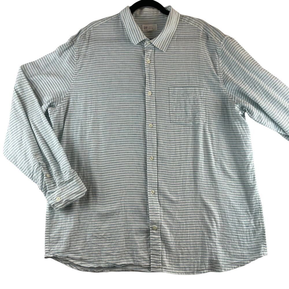 Mens Gap Blue/White Stripe Soft Linen/Cotton Button Up Breathable Shirt XXL